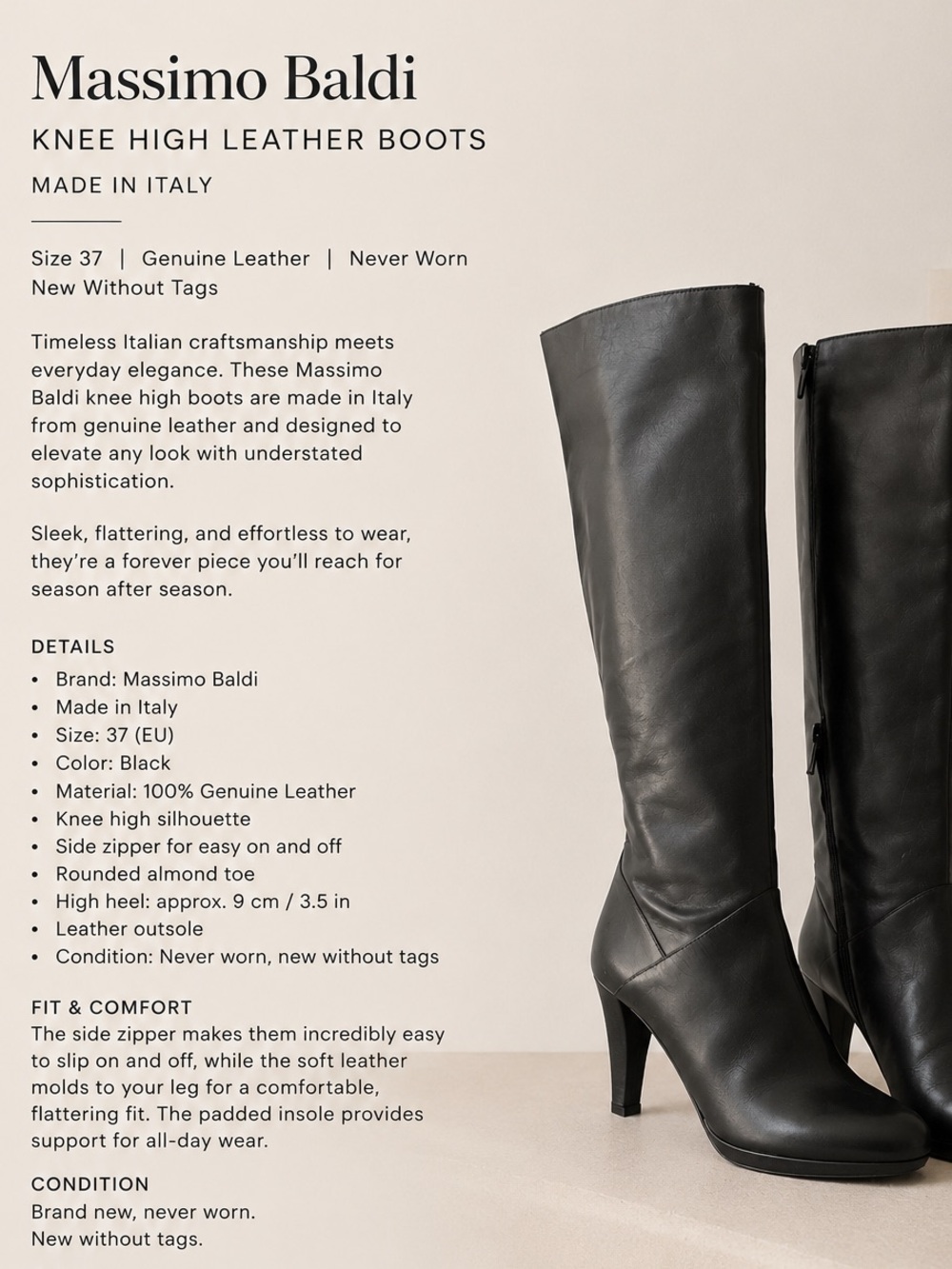 Massimo Baldi Italy Black Leather Knee-High Boots EU 37 | New | Side Zip